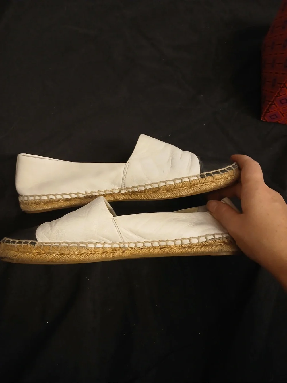 Women's White Leather Espadrille Flats with Black Cap Toe